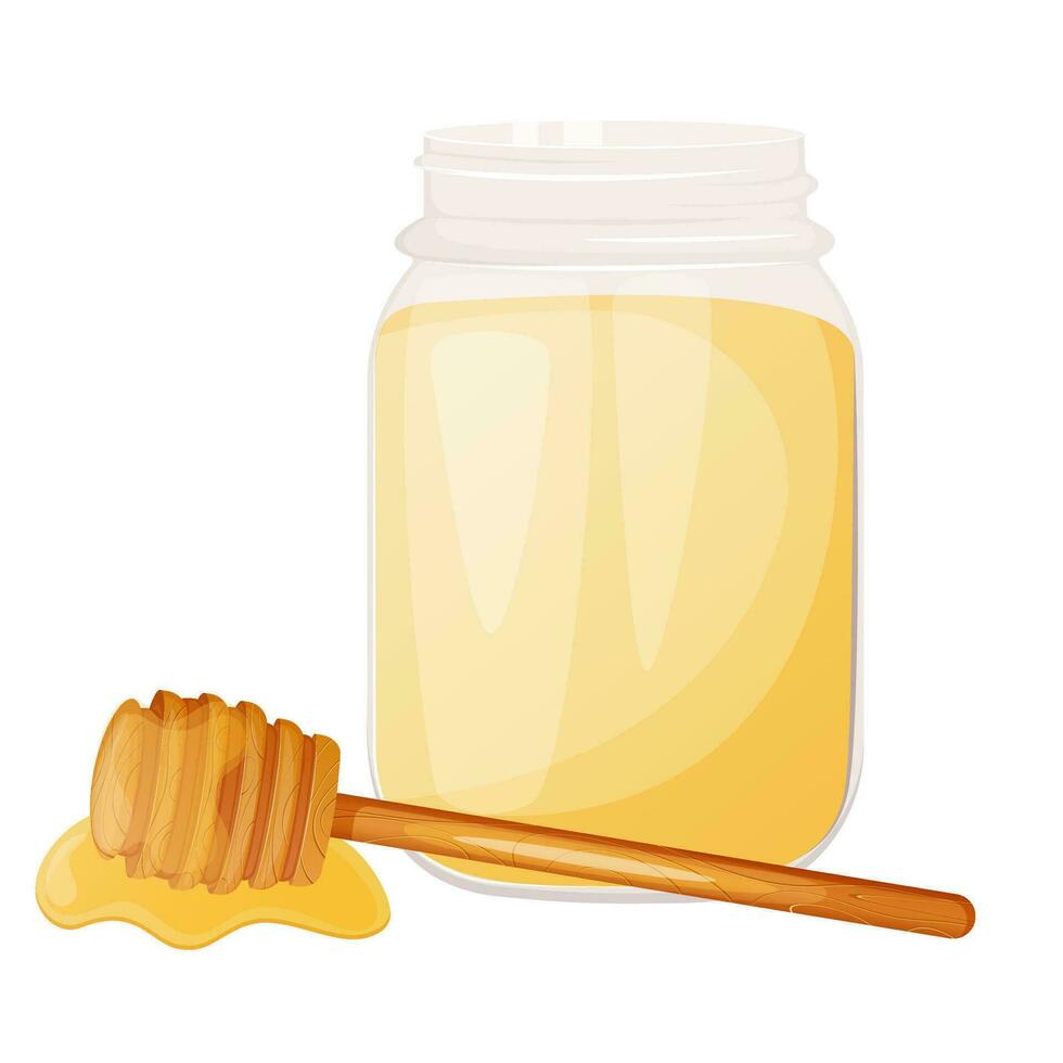 burk av honung och dipper med häller honung vektor