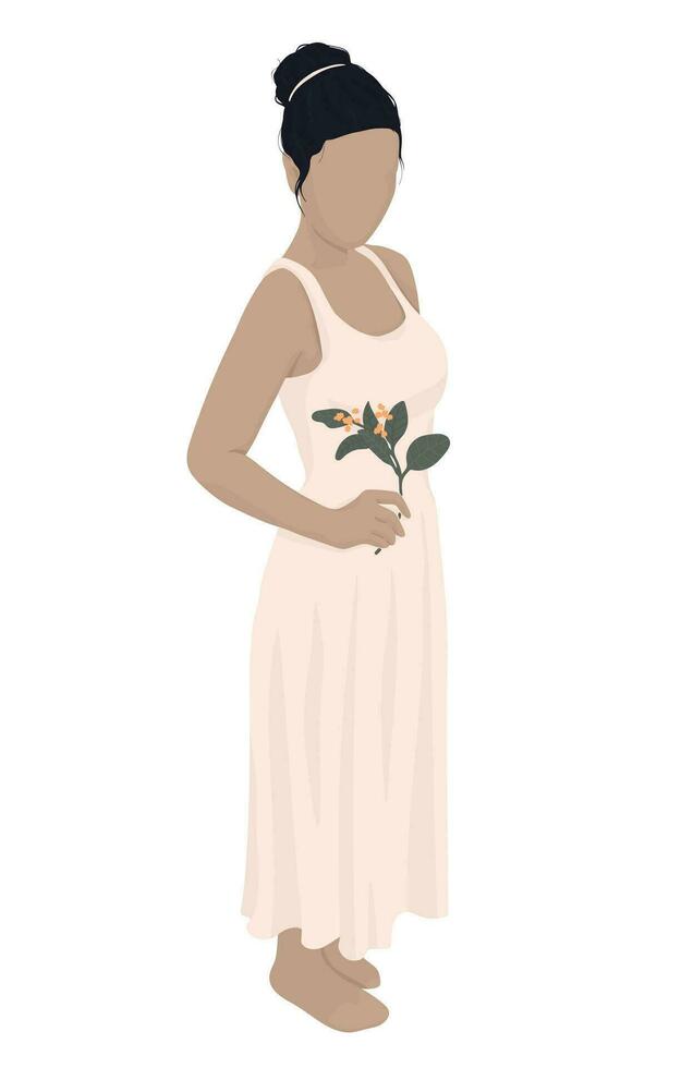 flicka i en vit klänning innehav en blomma. vektor modern platt illustration för vykort, tidskrift eller bok omslag, affisch, baner.