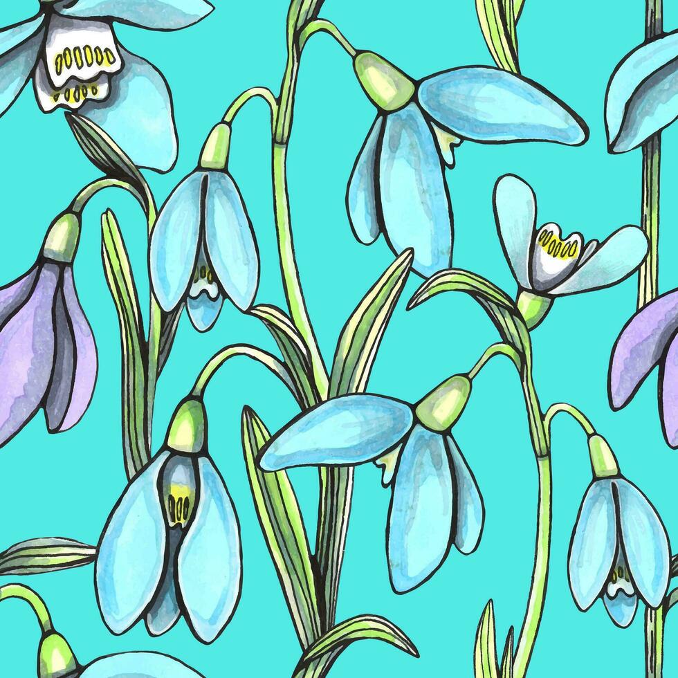 Frühling nahtlos Muster von Schneeglöckchen Blumen und Blätter. Vektor Hand gezeichnet Illustration.