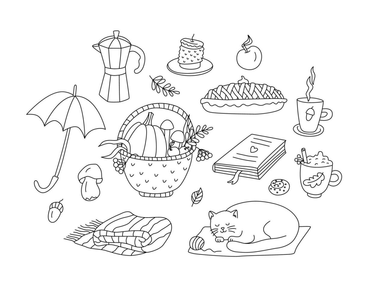 Herbst einstellen mit Schlafen Katze, Korbweide Korb mit Pilze, Gemüse und Beeren. fallen Picknick mit Kaffee Tassen, Bücher und Decke. Hand gezeichnet Gekritzel Illustration, schwarz Umriss. vektor