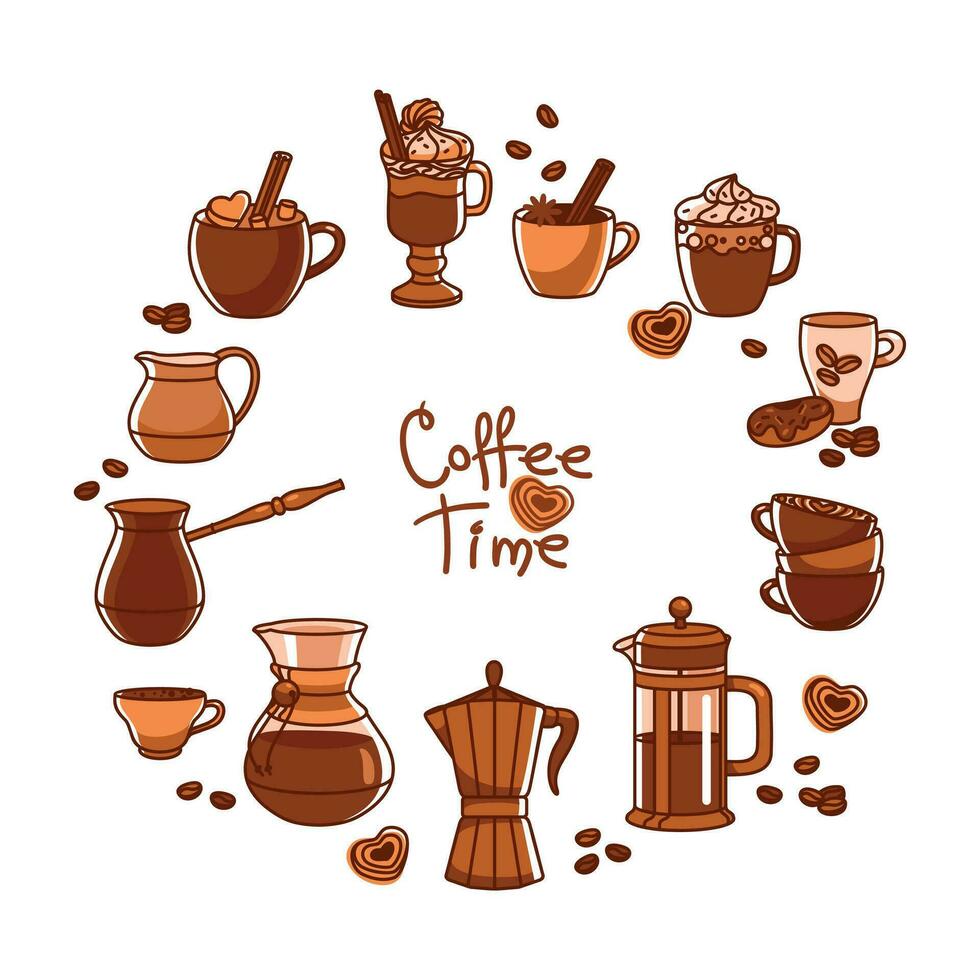 verschiedene Typen von Kaffee Herstellung. Kaffee Töpfe und Tassen. einstellen von Illustrationen. Vektor. vektor
