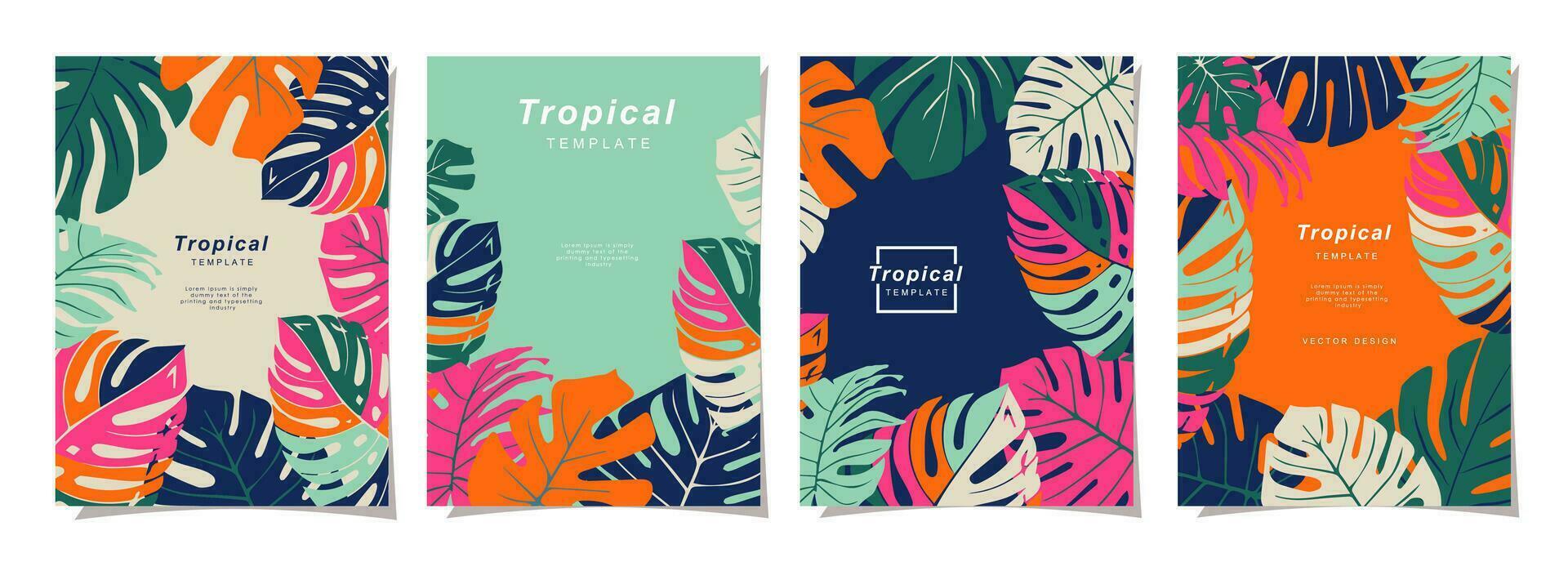 sommar mall uppsättning för affisch, kort, omslag, märka, baner i modern minimalistisk stil och enkel sommar design mallar med tropisk löv, blomma, och växter. vektor