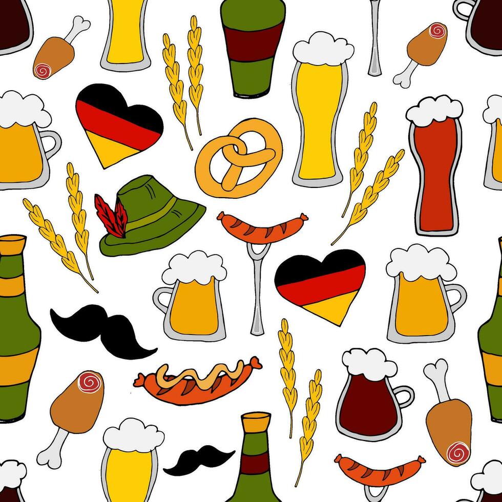 vektor klotter illustration - sömlös mönster oktoberfest öl festival. Tyskland flagga i de form av en hjärta, annorlunda typer av öl, mellanmål, hatt och mustasch