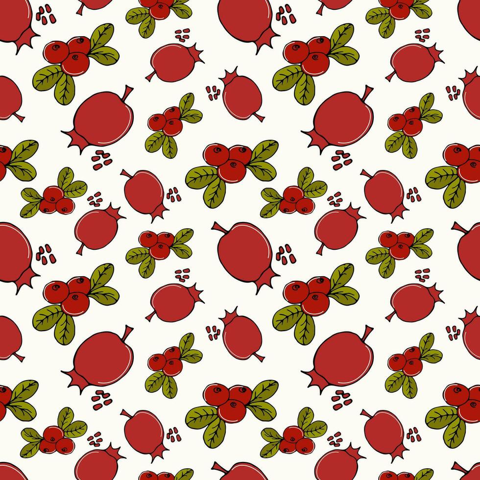 nahtlos Muster farbig Gekritzel Früchte Cranberry und Granatapfel auf Weiß - - Sommer- und Herbst Hintergrund, Vektor Illustration. zum Verpackung, Textilien, Tapeten, Netz Design