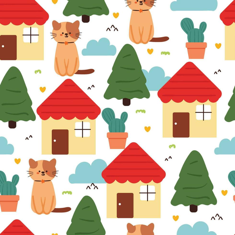süß nahtlos Muster Katze und wenig Haus mit Baum und Pflanze. süß Hintergrund zum Geschenk wickeln Papier vektor