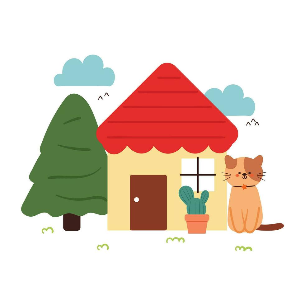 hand teckning tecknad serie katt och söt liten hus med träd och växt vektor
