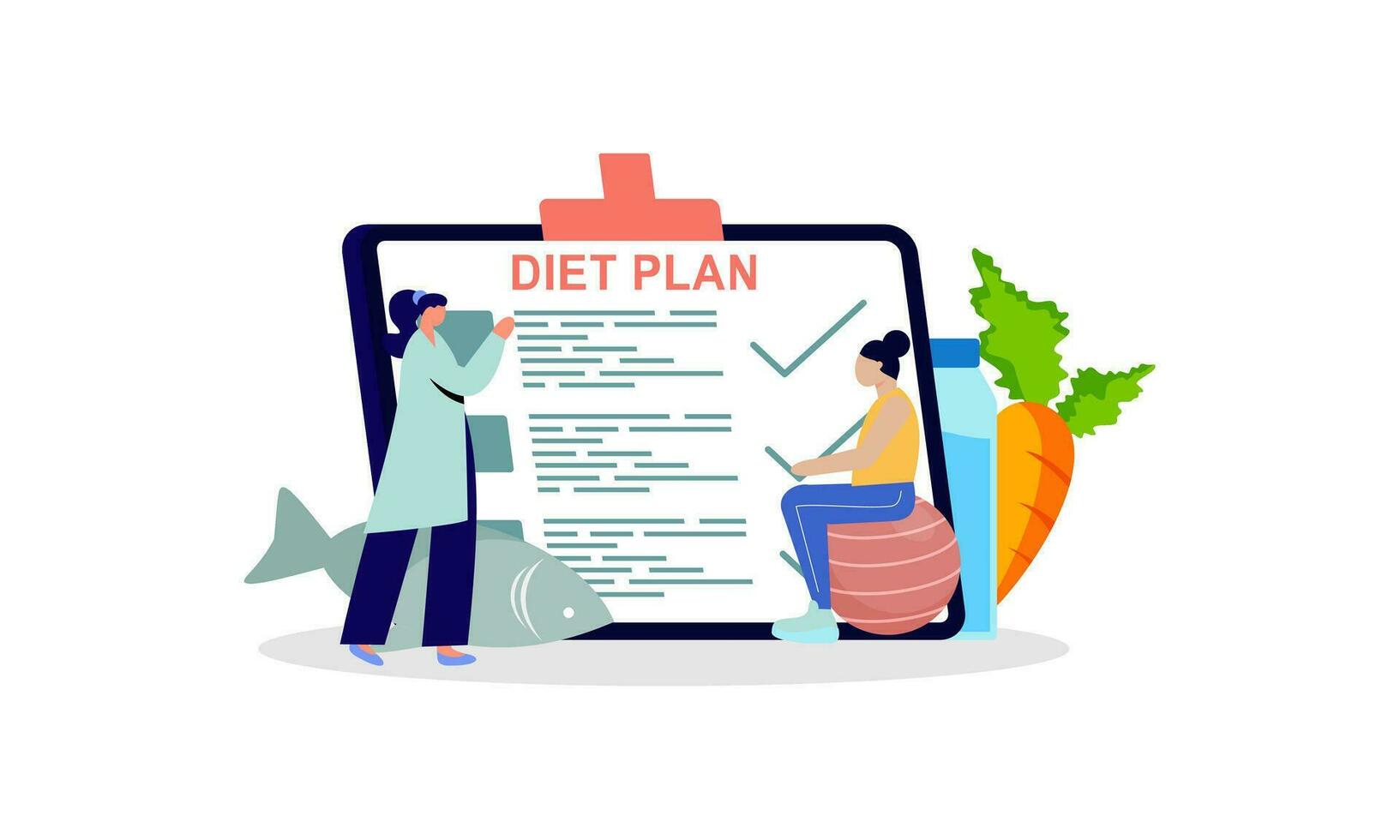 diet planen checklista illustration. människor håller på med träning, Träning och planera diet med frukt och grönsak. vektor