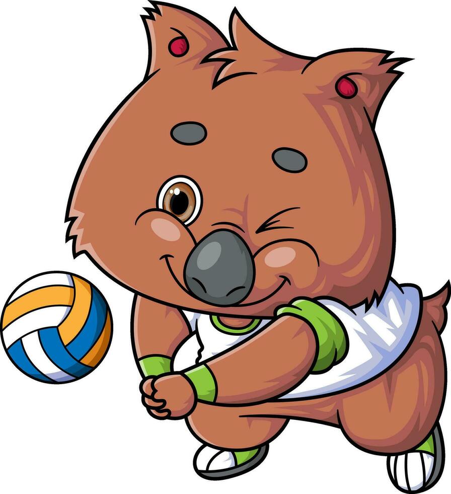 tecknad serie söt Quokka karaktär spelar volleyboll på vit bakgrund vektor