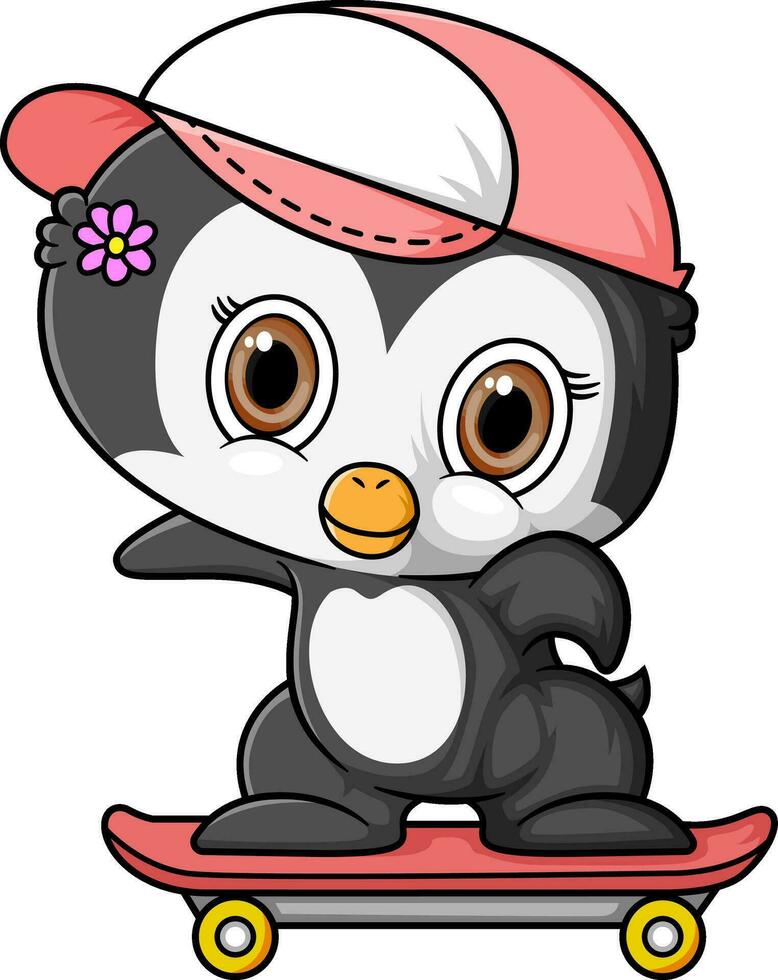 tecknad serie liten pingvin spelar skateboard vektor