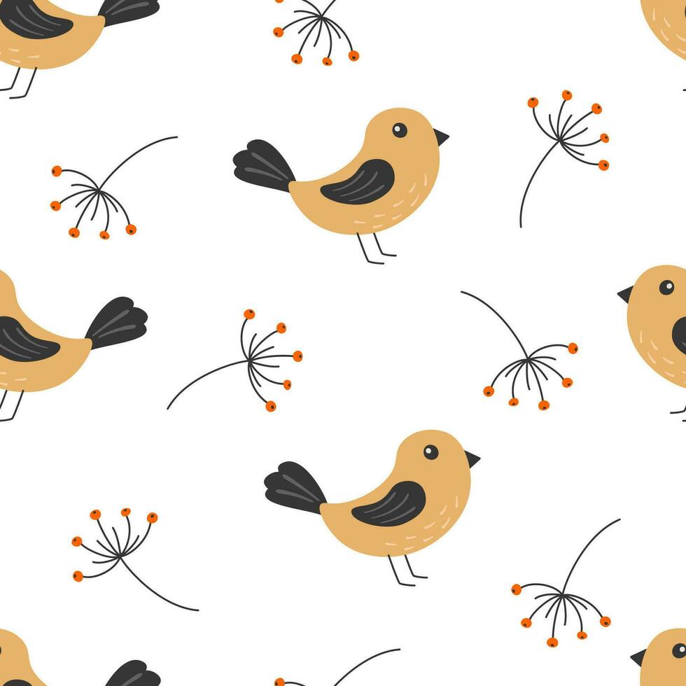 nahtlos Muster mit süß Vögel und Zweige mit Beeren im Karikatur Stil. Vögel im das Wald. Vektor Illustration.