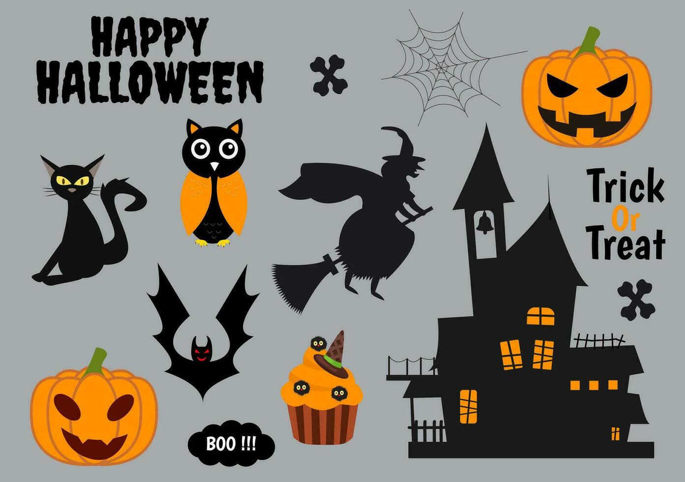 uppsättning halloween element vektor illustration med olika typer av saker tycka om spöken, pumpor, skallar, godis och Mer tecknad serie bakgrund mallar