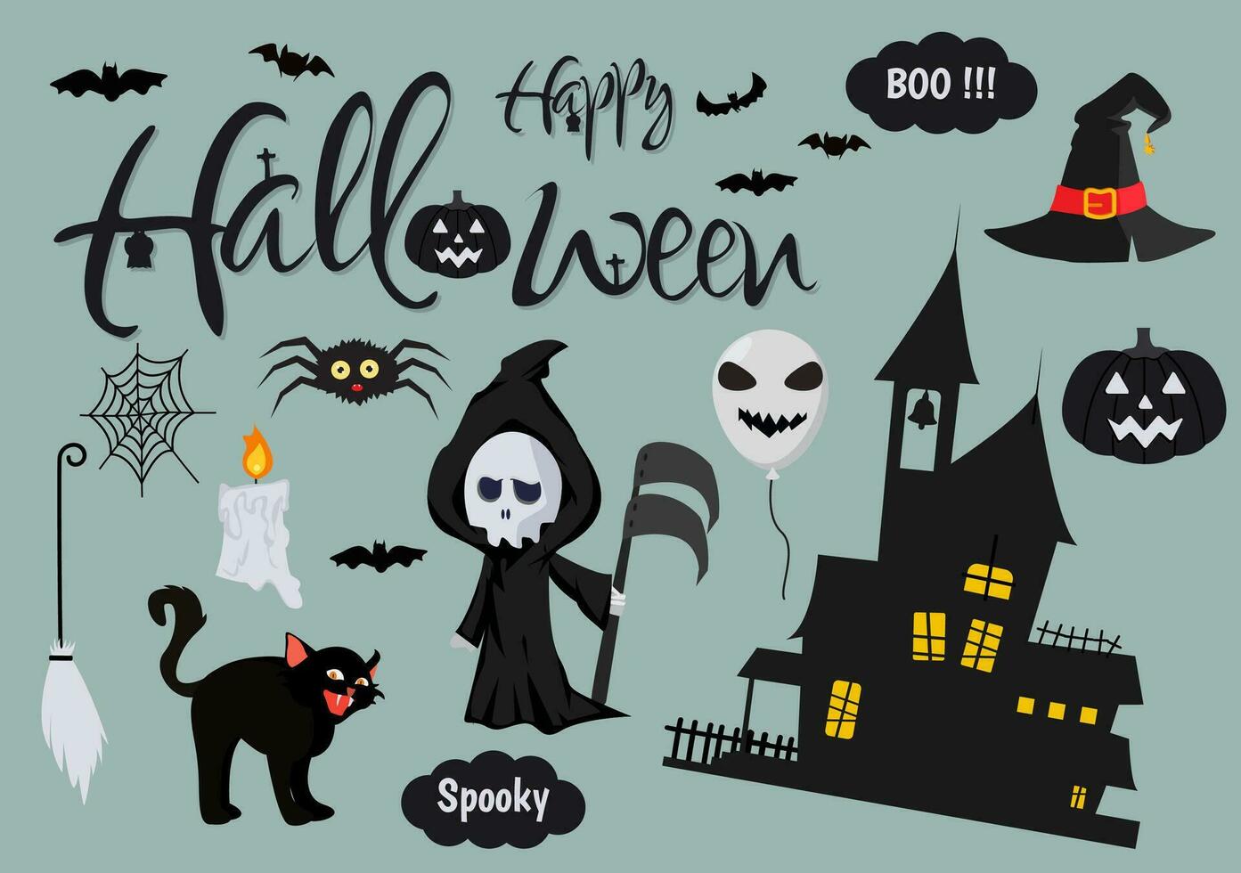 uppsättning halloween element vektor illustration med olika typer av saker tycka om spöken, pumpor, skallar, godis och Mer tecknad serie bakgrund mallar