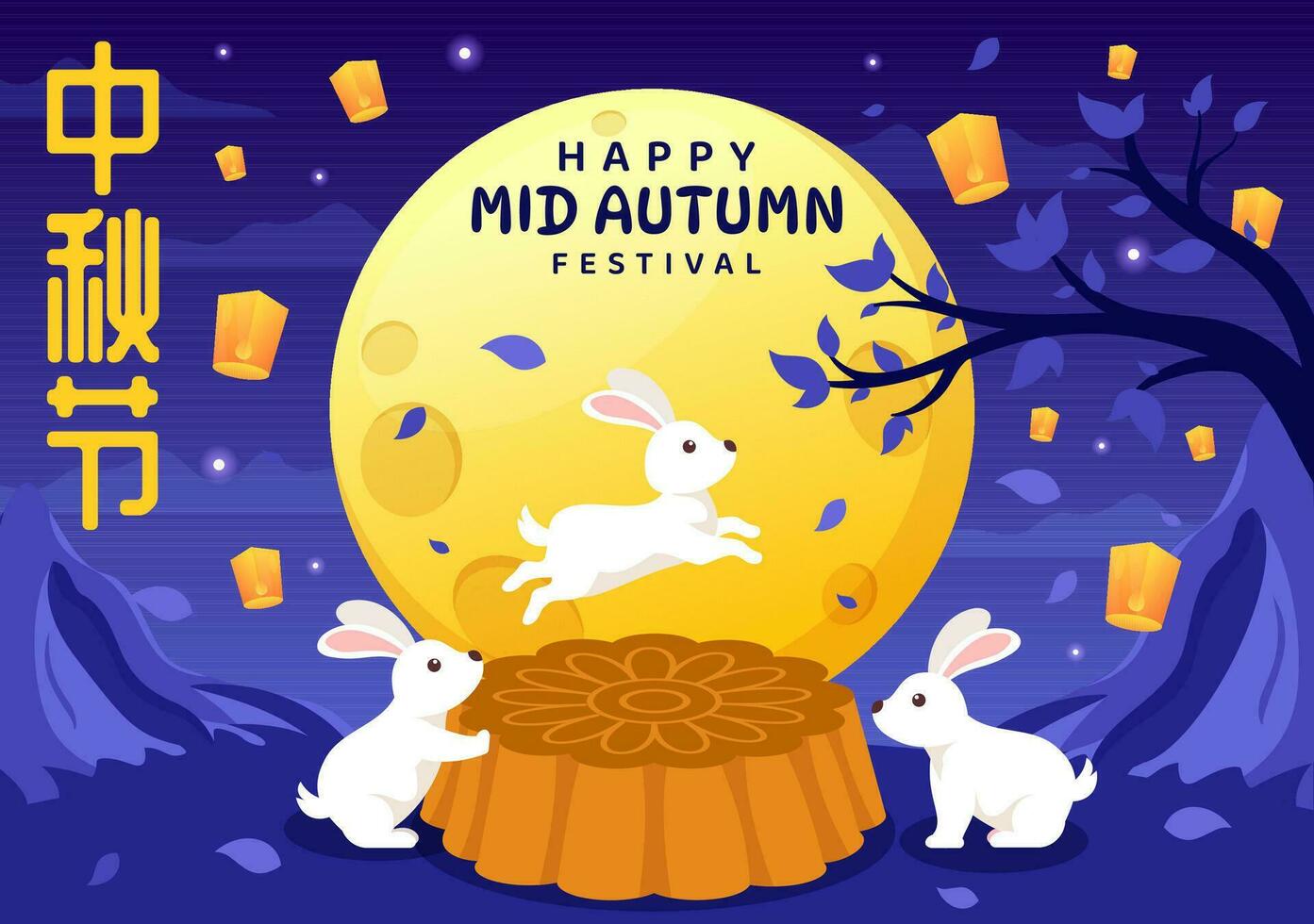 glücklich Mitte Herbst Festival Vektor Illustration mit Kaninchen Tragen Laternen und genießen Mondkuchen feiern auf das Nacht von das voll Mond Vorlagen
