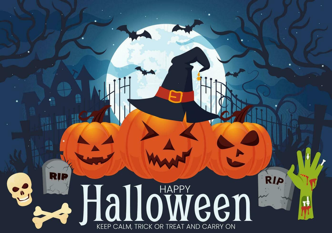 halloween natt bakgrund vektor illustration med pumpor på de månsken och flera Övrig element i platt tecknad serie hand dragen mallar