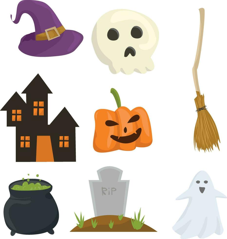 Sammlung von isoliert Halloween Elemente, gespenstisch Halloween Kürbis, Besen, Schädel, Geist, Halloween gespenstisch Haus vektor