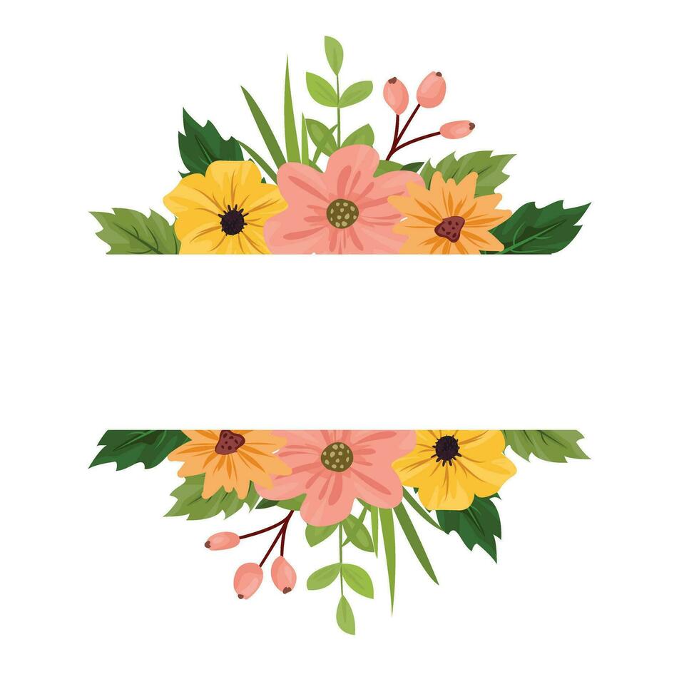 Blumen- Rahmen auf Weiß Hintergrund. bunt Sommer- Wiese Wildblumen und Blätter, botanisch Vorlage zum Karten, Einladungen vektor