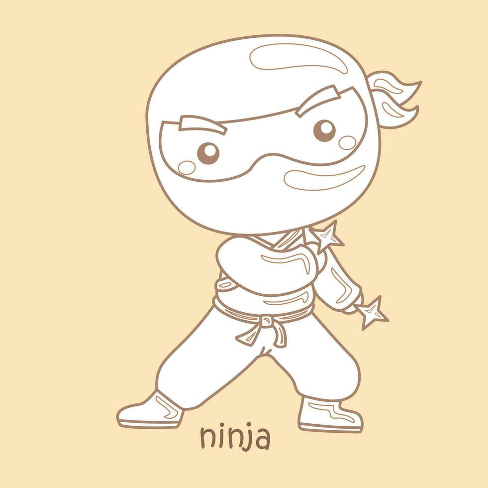 Alphabet n zum Ninja Wortschatz Schule Lektion Karikatur Digital Briefmarke Gliederung vektor