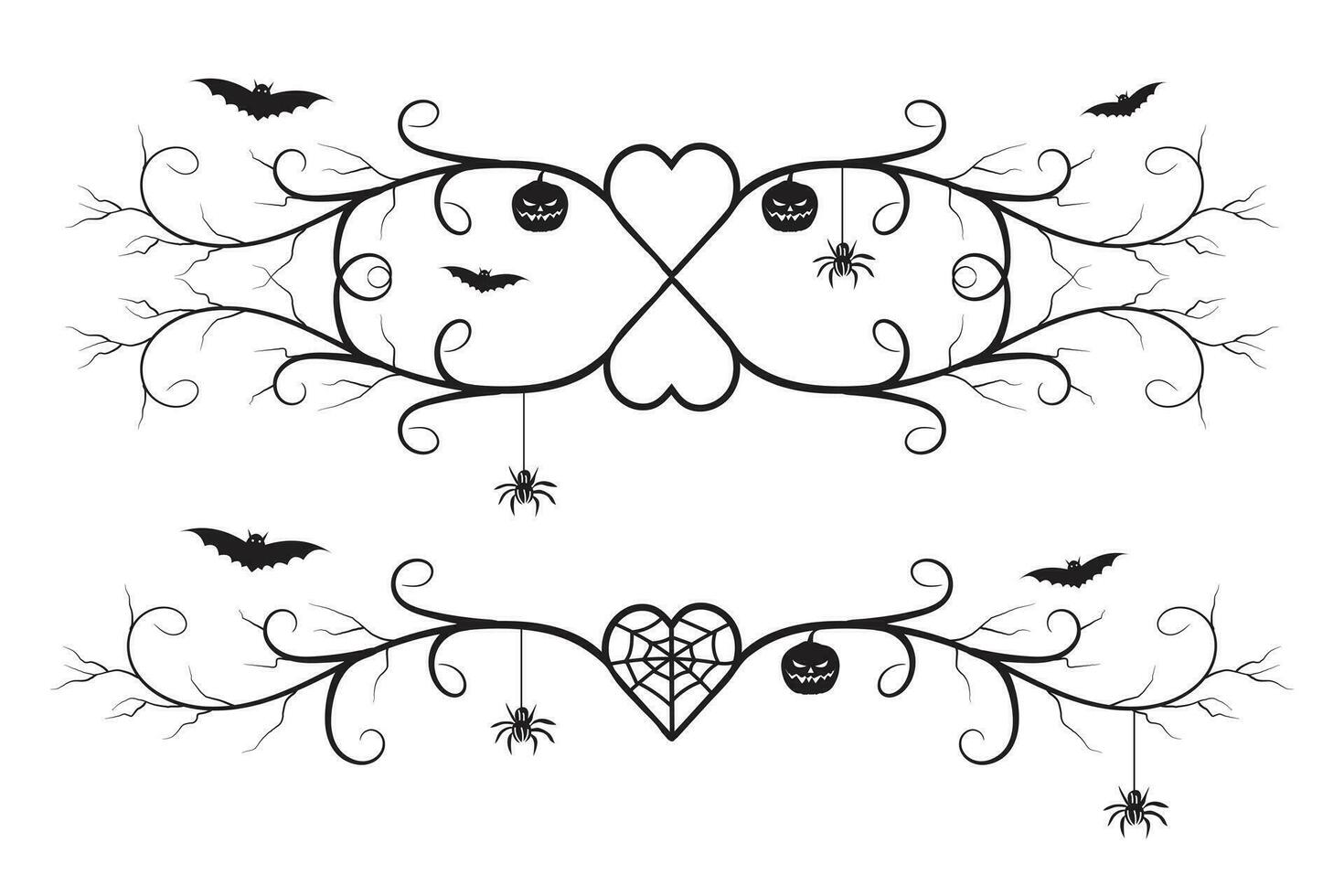 einstellen von Halloween Kalligraphie gedeihen Filigran Wildnis wirbelt, dekorativ Elemente elegant Reben Spiral- Ecke rahmen, Schläger Kürbis Herz Ranke scrollen unheimlich Spinne trocken Baum Stil kalligraphisch Ornamente vektor