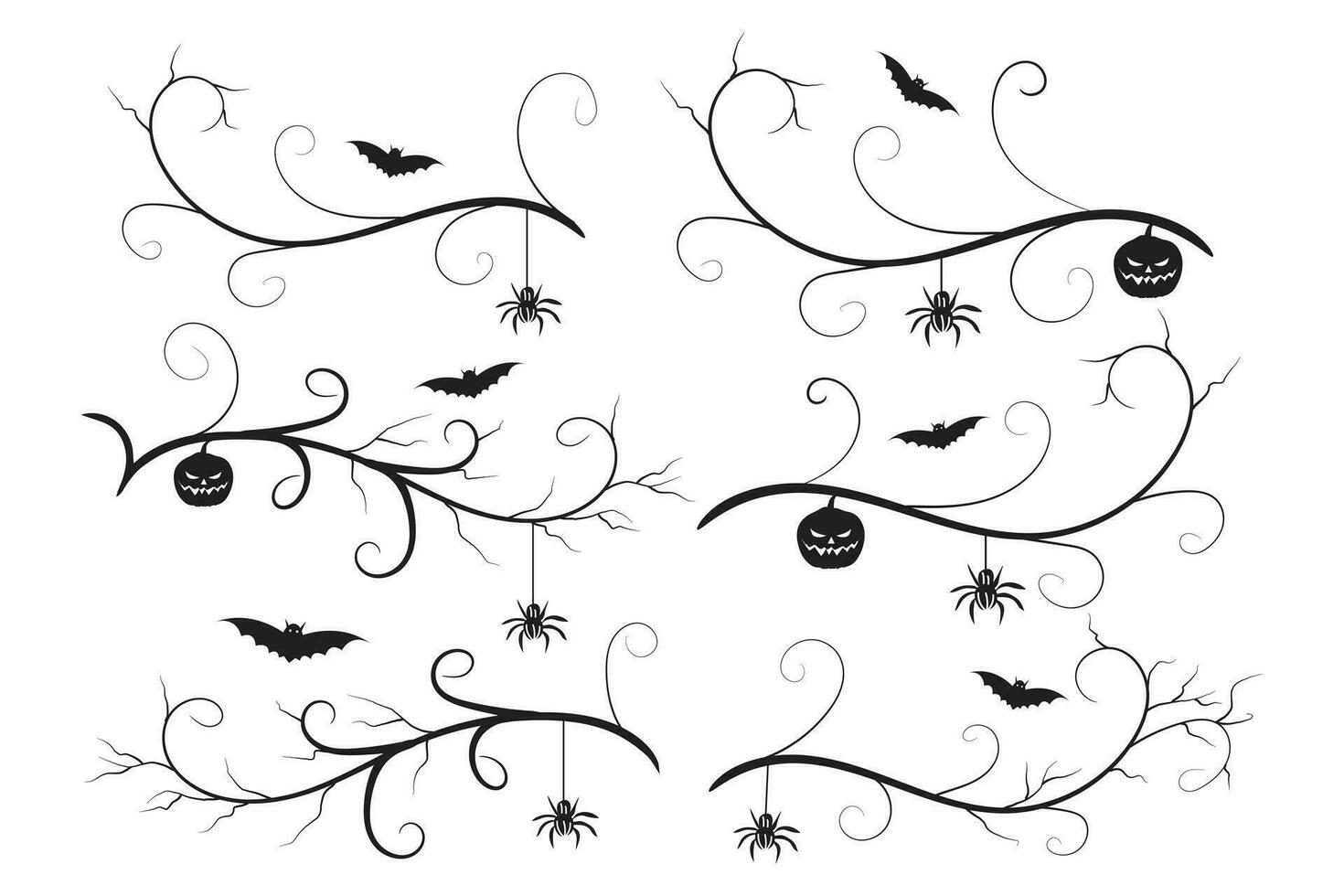 uppsättning av halloween kalligrafi frodas filigran vildmark virvlar, dekorativ element elegant vinstockar spiral hörn ram, fladdermus pumpa hjärta vin skrolla skrämmande Spindel torr träd stil calligraphic ornament vektor