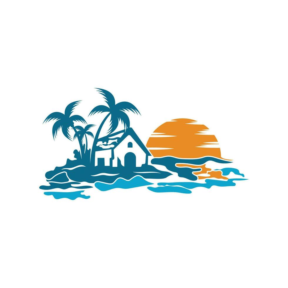 minimalistisk ikon solnedgång strand hus logotyp vektor
