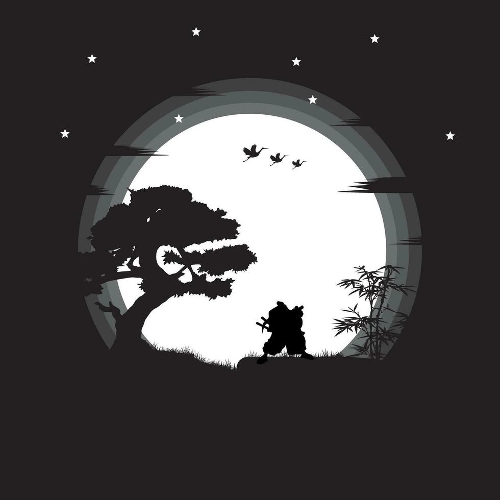 illustration vektor grafisk av samuraj Träning på natt på en full måne. perfekt för tapet, affisch, etc. landskap tapet, illustration vektor stil, ett bit, roronoa zoro