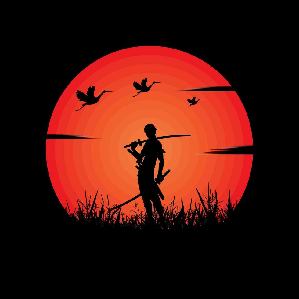 Illustration Vektor Grafik von Samurai Ausbildung beim Nacht auf ein voll Mond. perfekt zum Hintergrund, Poster, usw. Landschaft Hintergrund, Illustration Vektor Stil, einer Stück, Roronoa Zorro