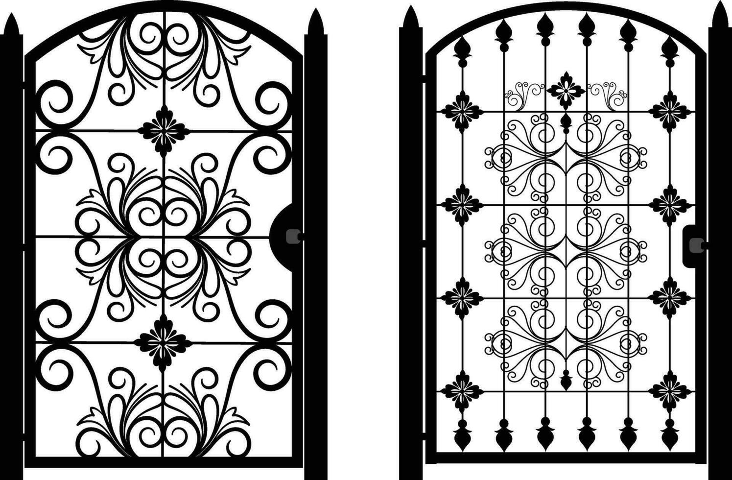Eisen Vorderseite Tür, modern geschmiedet Tore, Tor Symbol, Portal Zeichen, dekorativ Metall Tore mit wirbelt, Pfeile und Ornamente, Vektor Abbildung-4