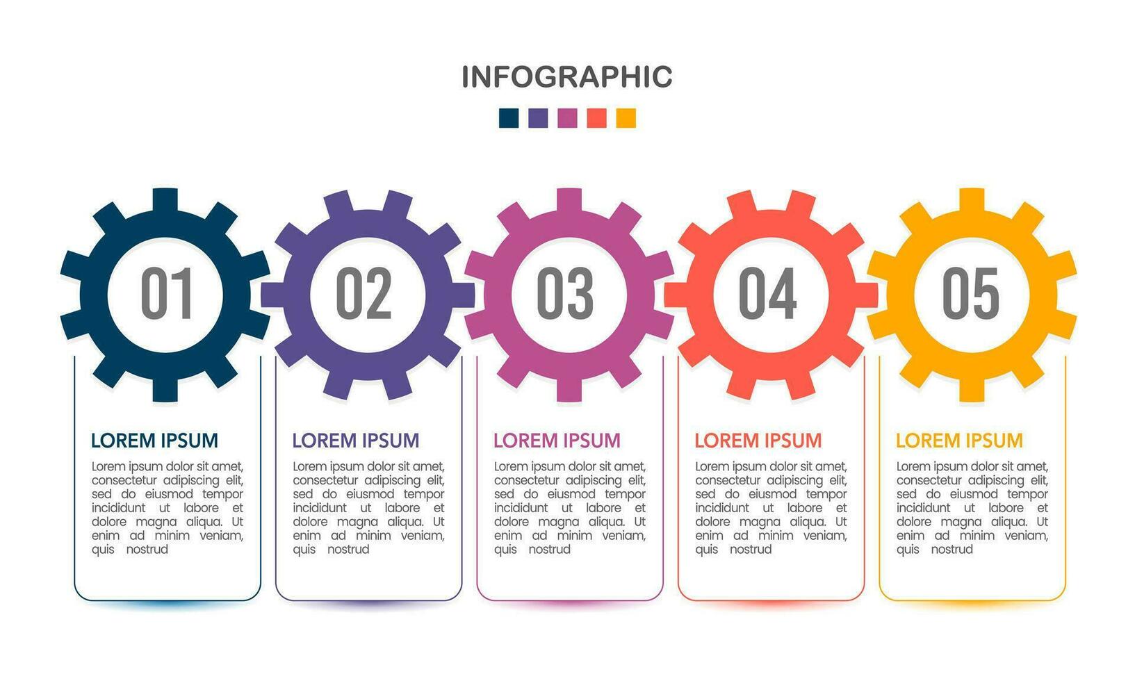 Präsentation von Geschäft Infografik Vorlage mit Getriebe 5 Optionen. Vektor Illustration.