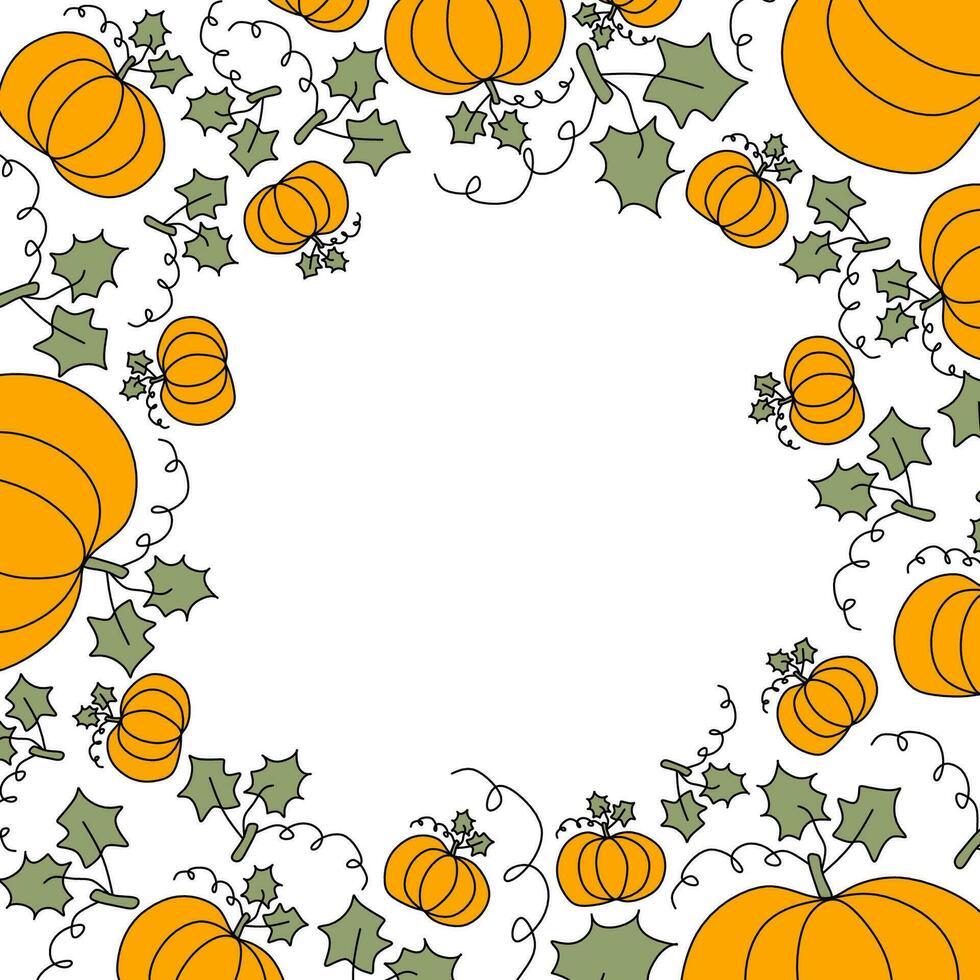Halloween Kürbisse Rahmen mit Raum zum Text. Vektor eben Herbst Illustration. Orange Gemüse dekorativ Rand zum Poster, Karte, Einladung, Jahreszeit Verkauf. Pflanze Vorlage zum Botschaft.