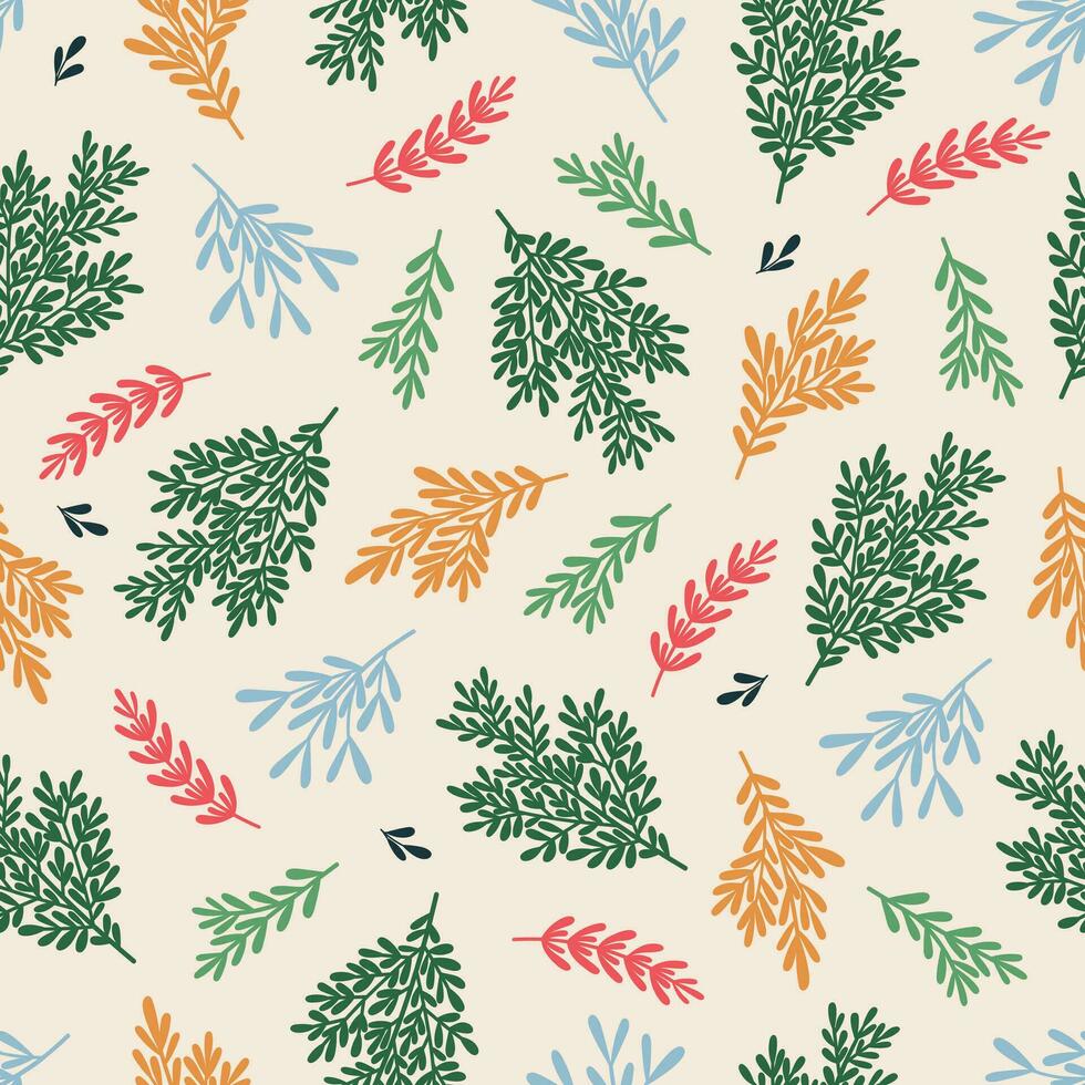 vinter- sömlös mönster med kvistar, barr- grenar, löv. vektor