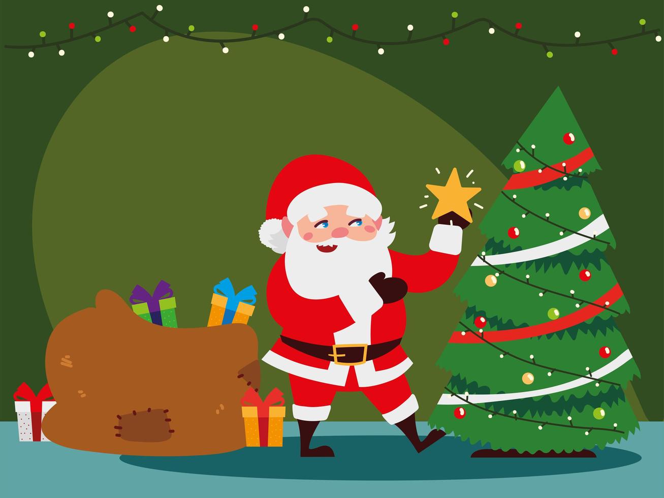 jul santa claus dekorera träd med stjärna, presentpåse och lampor vektor