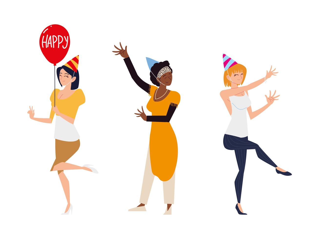 Gruppenfrauen mit Partyhüten Ballon feiern und tanzen vektor