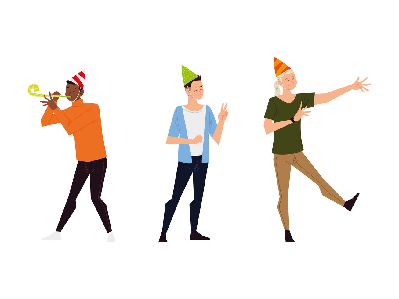 Gruppe junge Männer und Frauen mit Partyhüten, die das Tanzen feiern vektor
