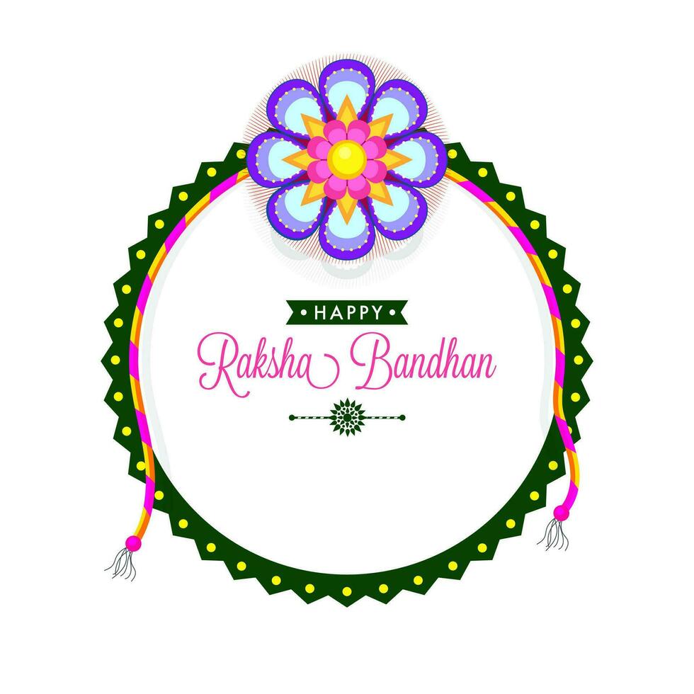 glücklich Raksha Bandhan Gruß Karte mit kreativ Blume Rakhi dekoriert kreisförmig Rahmen gegen Weiß Hintergrund. vektor