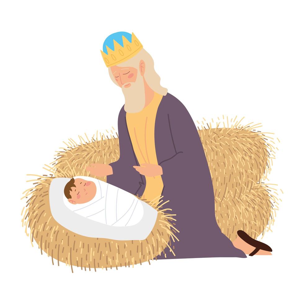 Krippe, Krippe Baby Jesus Caspar weiser König mit Geschenkkarikatur vektor