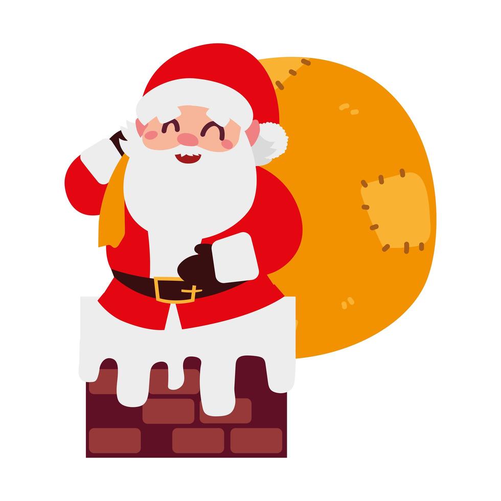 Weihnachtsmann mit Geschenktüte in der Schornstein-Cartoon-Figur vektor