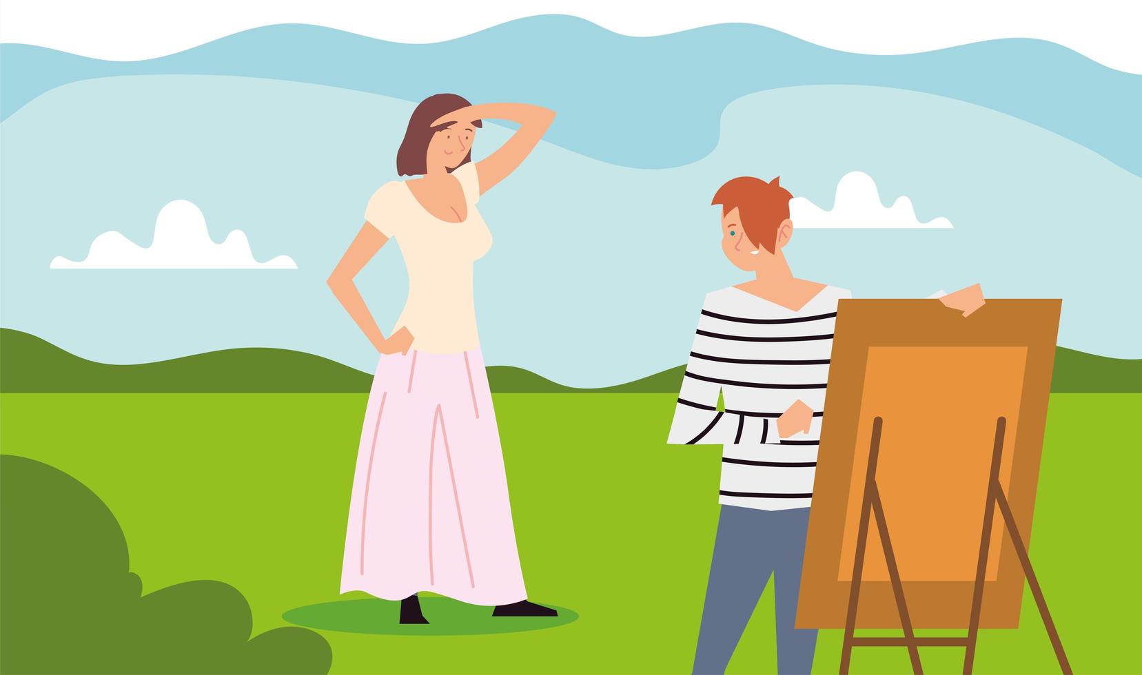 människor utomhus aktivitet, kvinna stående poserar och man målar bild vektor