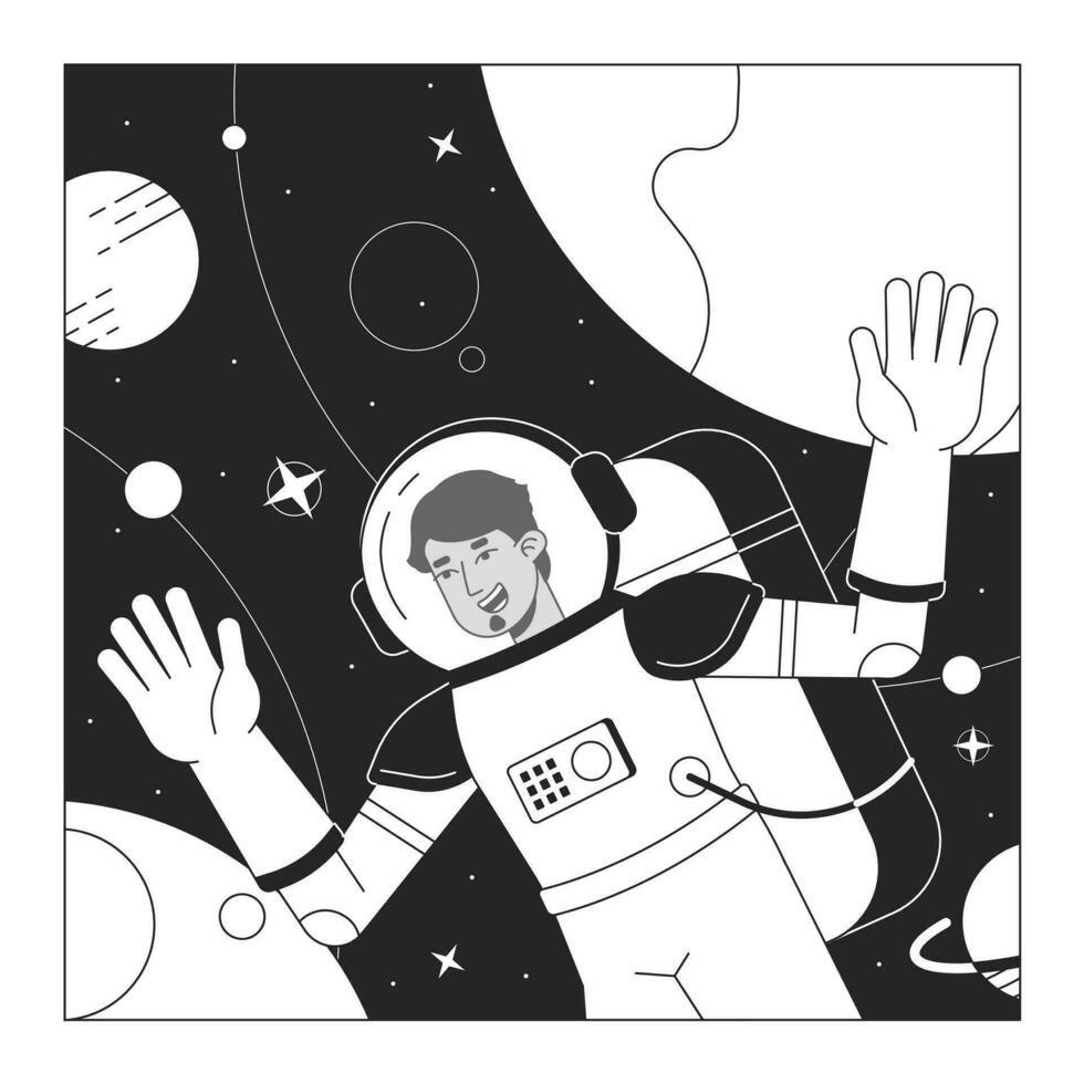 Astronaut im Raum passen bw Konzept Vektor Stelle Illustration. arabisch Mann erkunden Raum 2d Karikatur eben Linie monochromatisch Charakter zum Netz ui Design. editierbar isoliert Gliederung Held Bild