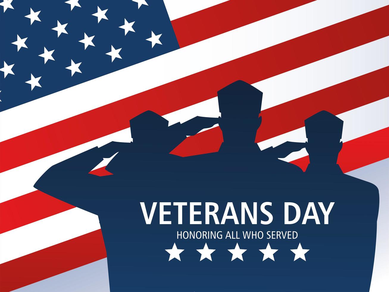 glad veteran dag, amerikanska flaggan med soldater i siluett vektor