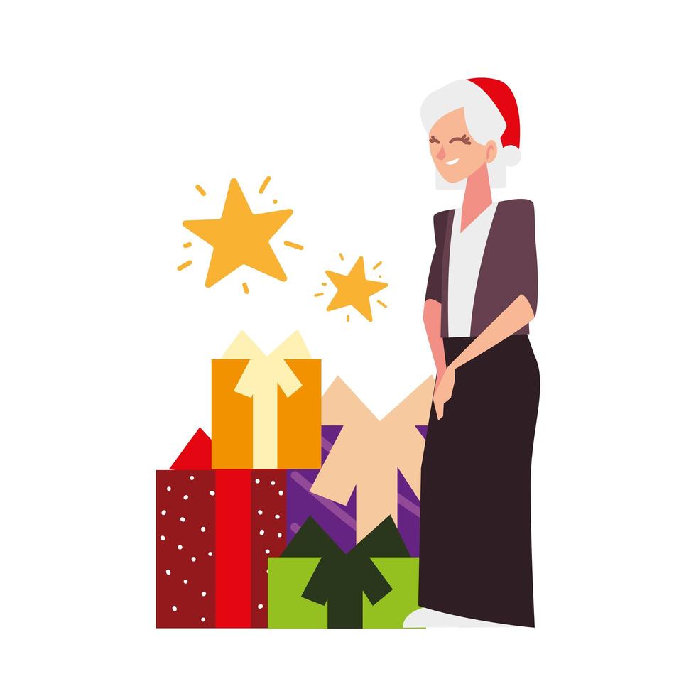 Weihnachtsleute, ältere Frau mit Weihnachtsmütze und Geschenkboxen, die Saisonparty feiern vektor