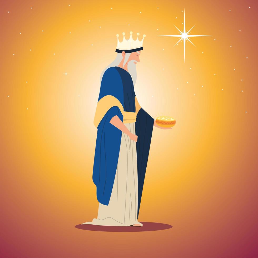 nativity, melchior kloka kung karaktär krubba med gåva för födelse av Kristus vektor