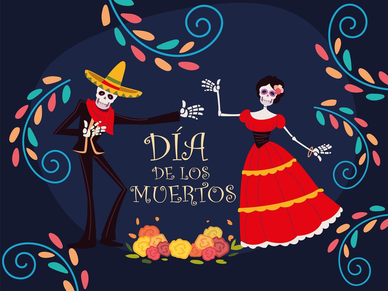 Tag der Toten, mexikanisches Catrina-Skelett und Blumendekorationsfeier vektor