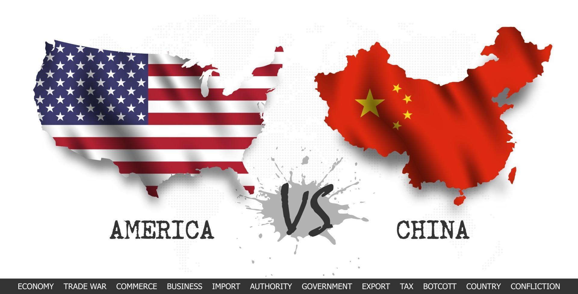 Handelskrieg. Vereinigte Staaten von Amerika gegen China. wehende Flagge und Karte auf Weltkartenhintergrund. vektor