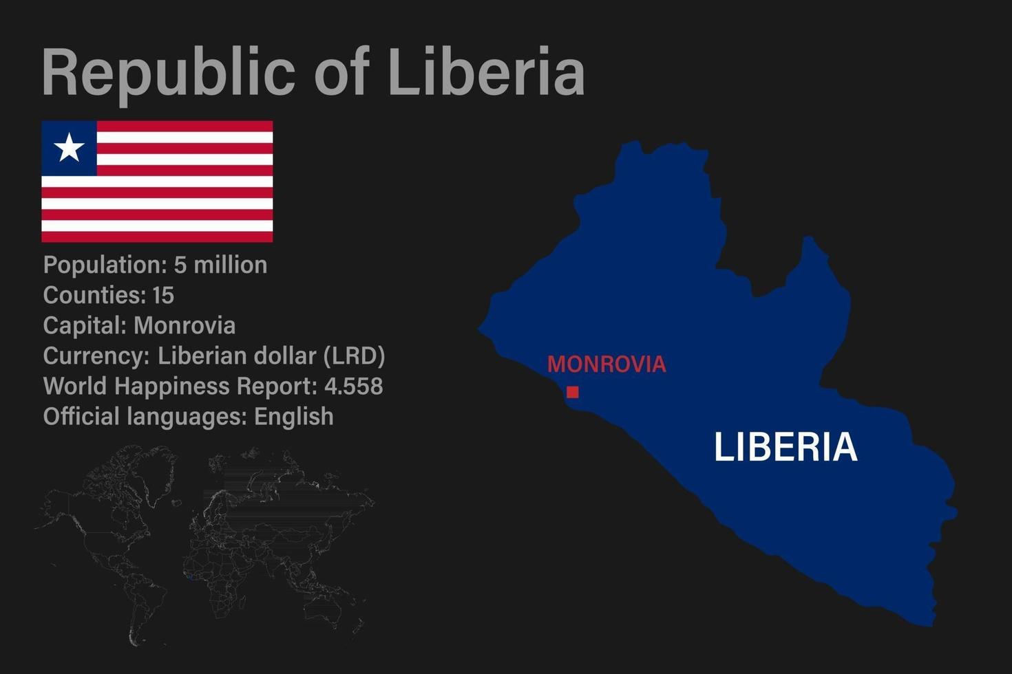 hochdetaillierte Liberia-Karte mit Flagge, Hauptstadt und kleiner Weltkarte vektor