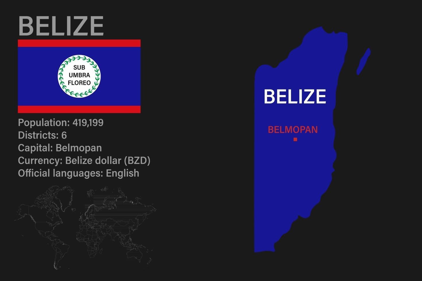 mycket detaljerad belize-karta med flagga, huvudstad och liten karta över världen vektor