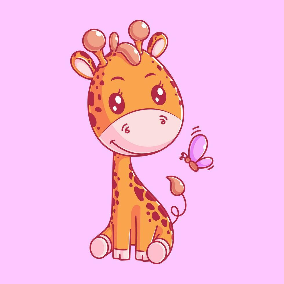 süß Giraffe Sitzung mit Schmetterling im Karikatur Stil vektor