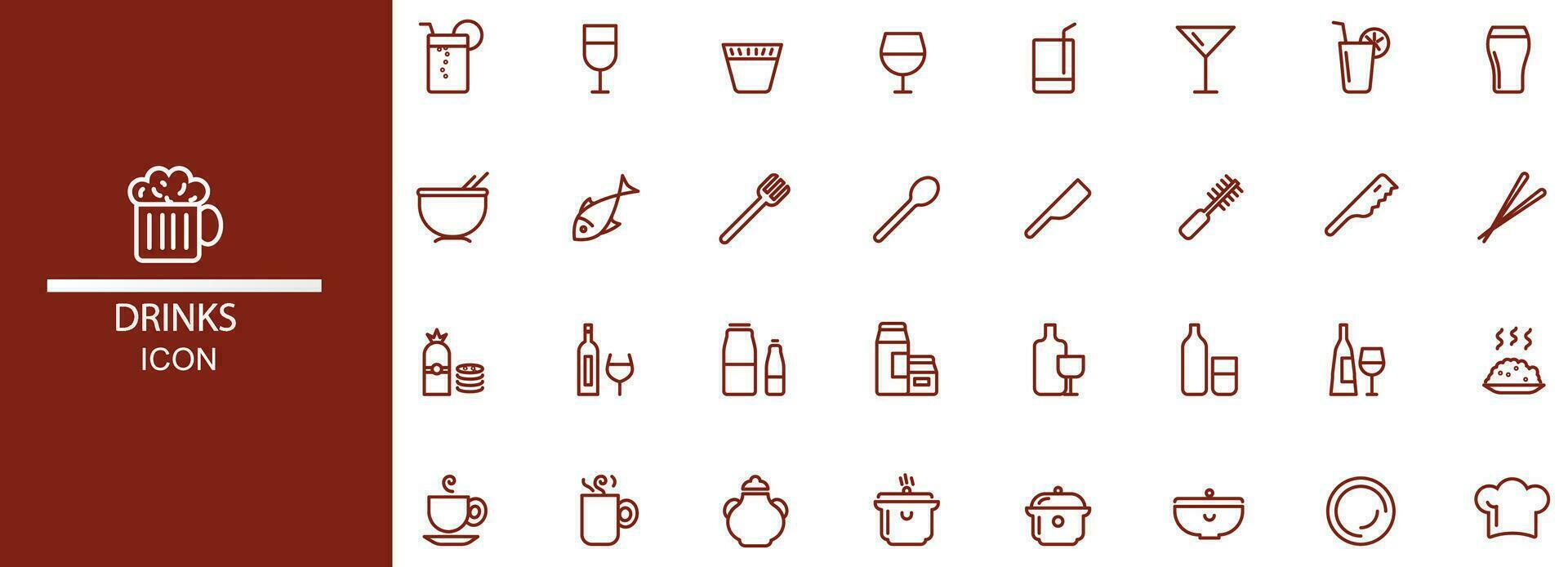 Symbole einfach Linie Symbole schwarz trinken, Bier, Saft, Fisch, Kaffee, Reis usw. isoliert Weiß Tascherund. editierbar eps 10 vektor