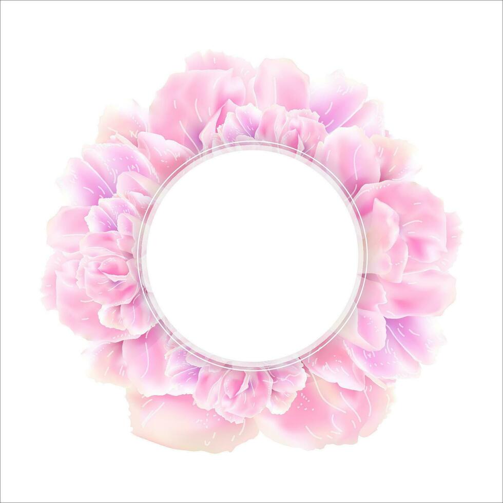 Weiß runden Banner mit Rosa Foto realistisch Blumen. Frühling Jahreszeit. elegant Luxus Vektor Design. Blumen- Kreis Rahmen zum Gruß Karte