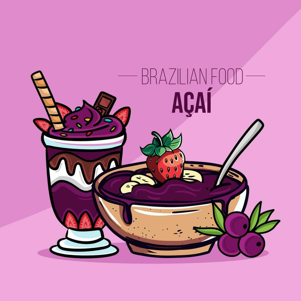 acai Tasse und Schüssel mit Früchte Brasilianer Essen vektor
