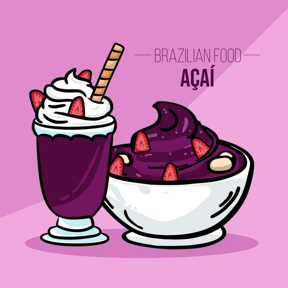 acai kopp och skål med frukt - brasiliansk mat vektor